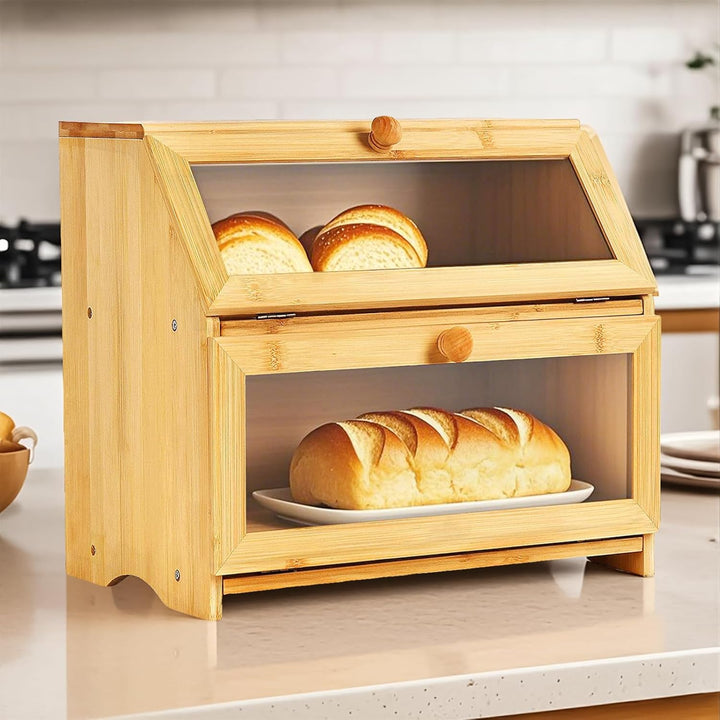 Gute Doppeldecker Bambus-Brotkasten, 2-lagige Brotbox, umweltfreundliche Küchenaufbewahrungsbox mit