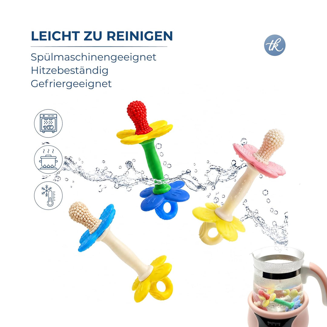 Beissring Baby Blume mit Clip – Baby Zahnungshilfe aus BPA-freiem Silikon, weich &amp; flexibel, Greifli