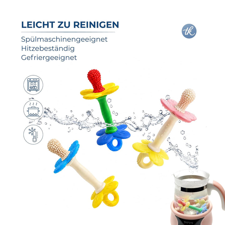 Beissring Baby Blume mit Clip – Baby Zahnungshilfe aus BPA-freiem Silikon, weich &amp; flexibel, Greifli