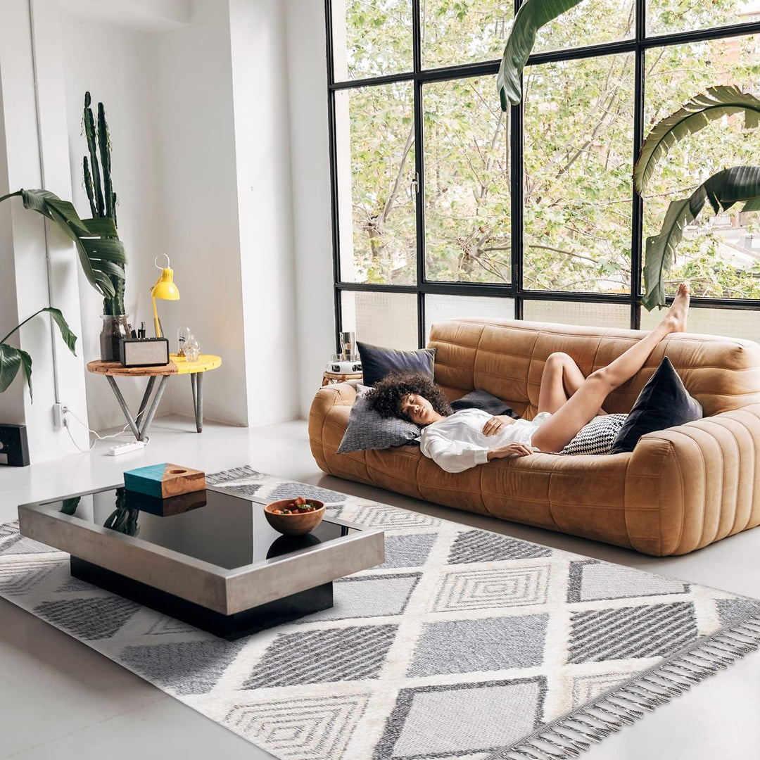 payé Teppich Wohnzimmer - Raute Muster - 120x170cm Creme Grau Blau - Fransen Deko Boho Flauschig - C