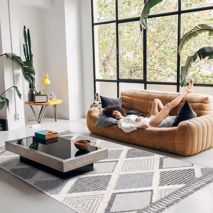 payé Teppich Wohnzimmer - Raute Muster - 80x150cm Creme Grau Blau - Fransen Deko Boho Flauschig - Cu