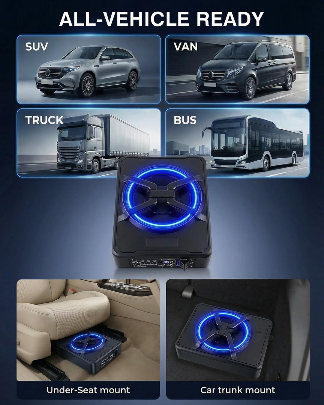 Aktiver Subwoofer für Auto, Passt unter Sitze, Maximale Leistung 1200 W, 10 Zoll, mit Umgebungsbeleu