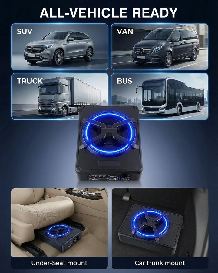 Aktiver Subwoofer für Auto, Passt unter Sitze, Maximale Leistung 1200 W, 10 Zoll, mit Umgebungsbeleu