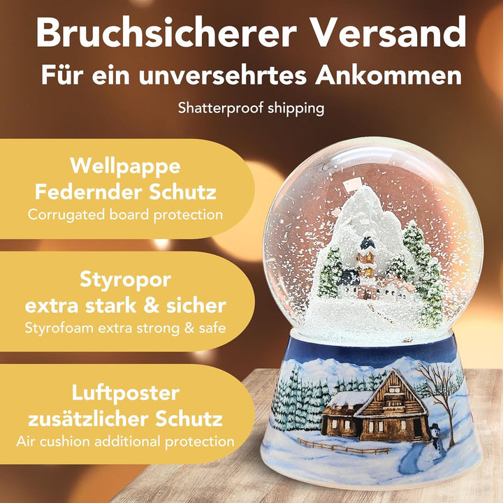 Schneekugel Weihnachten Spieluhr | Bergdorf mit Kirche | Sockel Winterlandschaft Mittelblau | Musik
