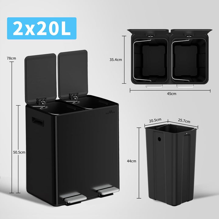 mVm Mülleimer Küche,40 Liter Treteimer,2 x 20 Liter Treteimer, 2 Fächer, Mülltrennsystem, Abfalleime
