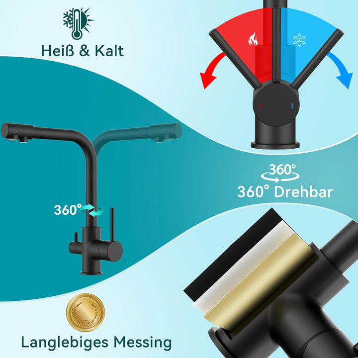 FORIOUS Wasserhahn Küche Schwarz, 3 Wege Wasserhahn Mischbatterie Küche, Zweigriffige Edelstahl-Spül
