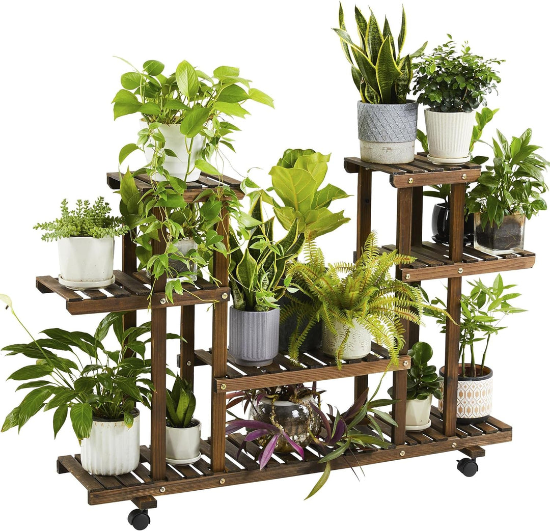 Yaheetech Pflanzenregal mit Rädern, Vierstufiges Blumenregal Balkon, Blumenständer, Blumentreppe, Ma
