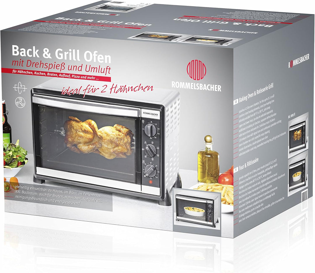 ROMMELSBACHER Back & Grill Ofen BG 1805/E - 42 Liter Backraum, 7 Heizarten, Umluft, Drehspiess, Temp