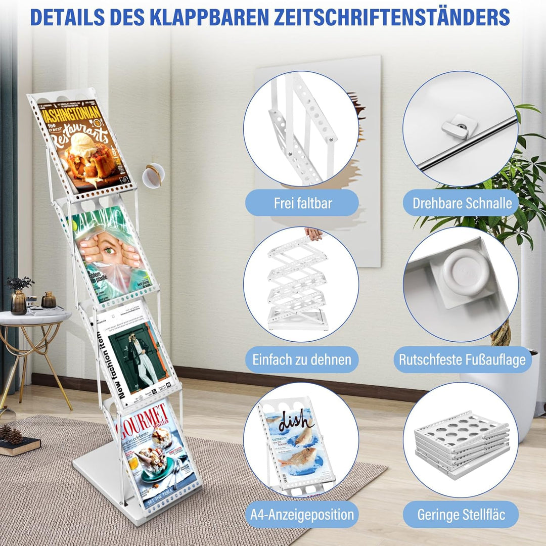 SUNDOY Faltbarer Zeitschriftenständer mit 4 Taschen, Magazinhalter & Broschüre Prospekthalter mit Tr