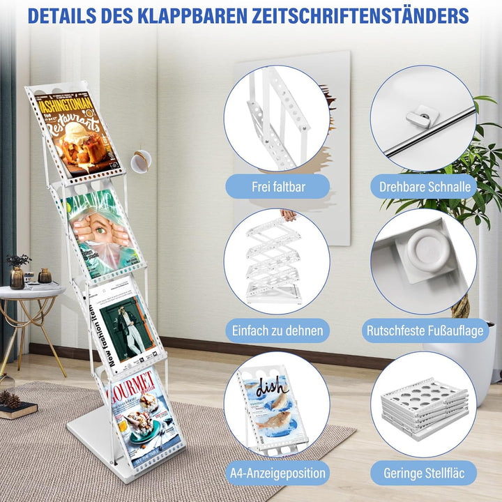 SUNDOY Faltbarer Zeitschriftenständer mit 4 Taschen, Magazinhalter & Broschüre Prospekthalter mit Tr