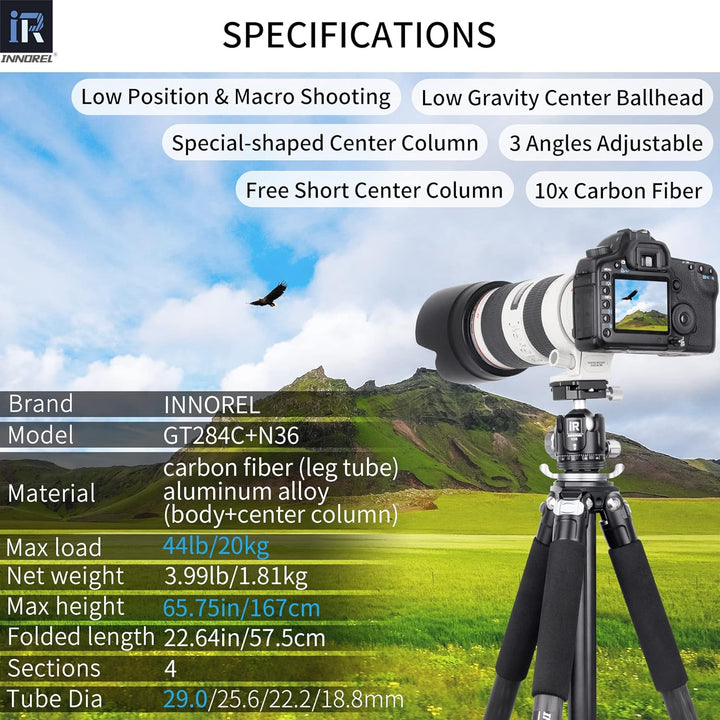 INNOREL GT284C Karbonfaser Professionelles kompaktes Stativ für DSLR-Kameras Robuster Ständer mit Ku