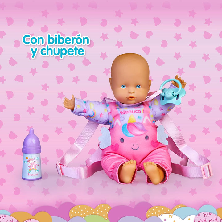Nenuco - Spazieren gehen, Babypuppe 35 cm mit weichem Körper, Zubehör und Babytrage, um sie überall