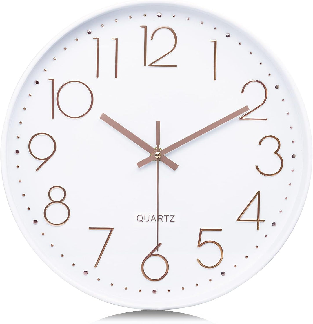 Lafocuse Weiss Modern Wanduhr Lautlos 30cm, 3D Ziffern Rosegold Ohne Tickgeräusche, Quartz Wanduhr A