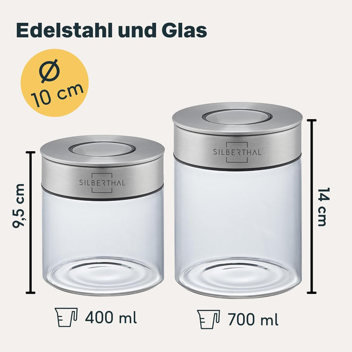 SILBERTHAL Vorratsdosen 4er Set Klein - Glasbehälter mit Edelstahl - Klickdeckel, kein Schraubdeckel