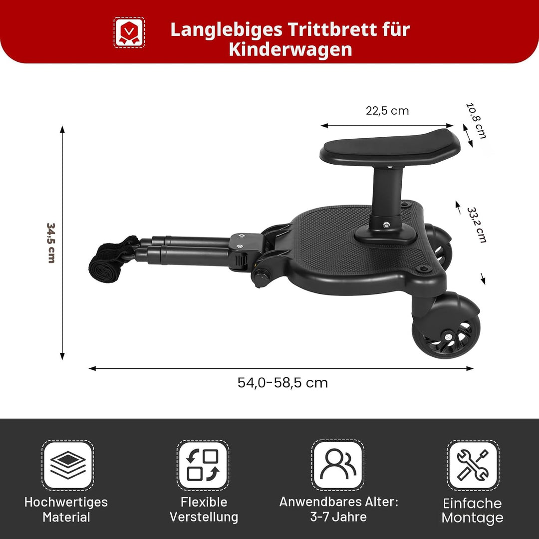 Buggy Board Universal Trittbrett für Kinderwagen, mitfahrbrett mit abnehmbarem Sitz bis 25kg, kompat