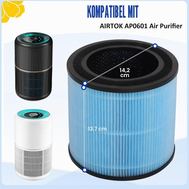 AP0601 Ersatzfilter Kompatibel mit AIRTOK AP0601 Luftreiniger, 4-in-1 H13 HEPA Filter, Hocheffizient