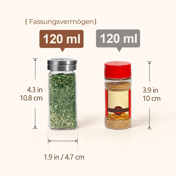 ComSaf Gewürzgläser Eckig mit Etiketten (24×120ml), Gewürzstreuer Glas mit Metalldrehdeckel, Gewürzd