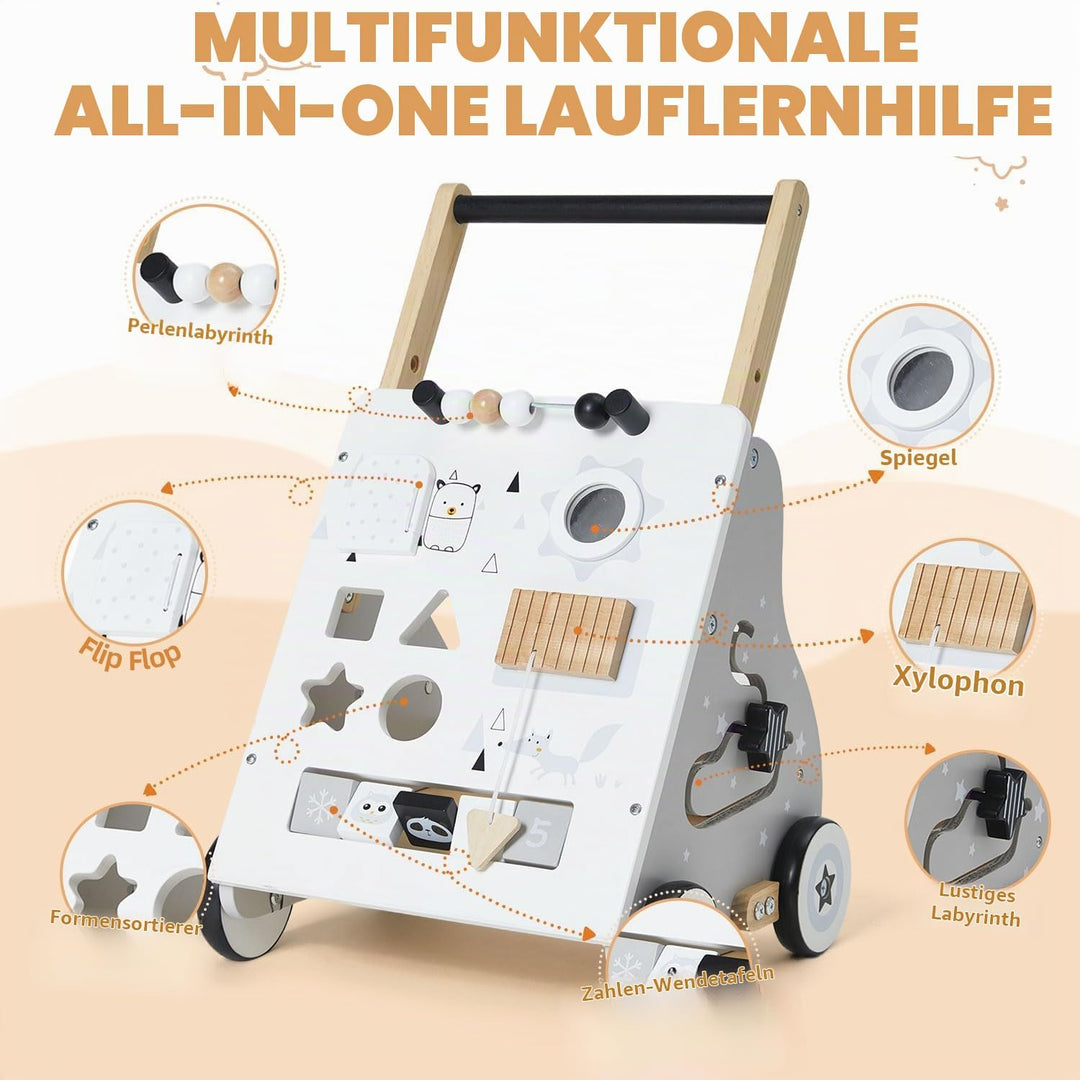 Labebe Lauflernwagen Holz, 8-in-1 Verwendung als Laufwagen, Baby Lauflernhilfe Holz mit gummierten H