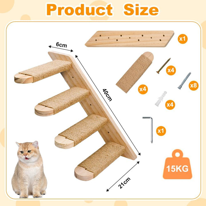 Katzentreppe Kletterwand Holz 4 Stufen Katzenleiter mit Juteseil &amp; Spielangel bis 15kg Traglast für