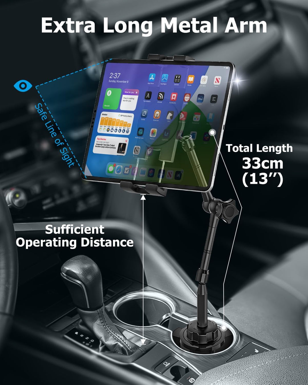 Flexibel Tablet Halterung Getränkehalter Auto [Aluminium Verstellbarer Magic Arm] KFZ LWK Wohnmobil