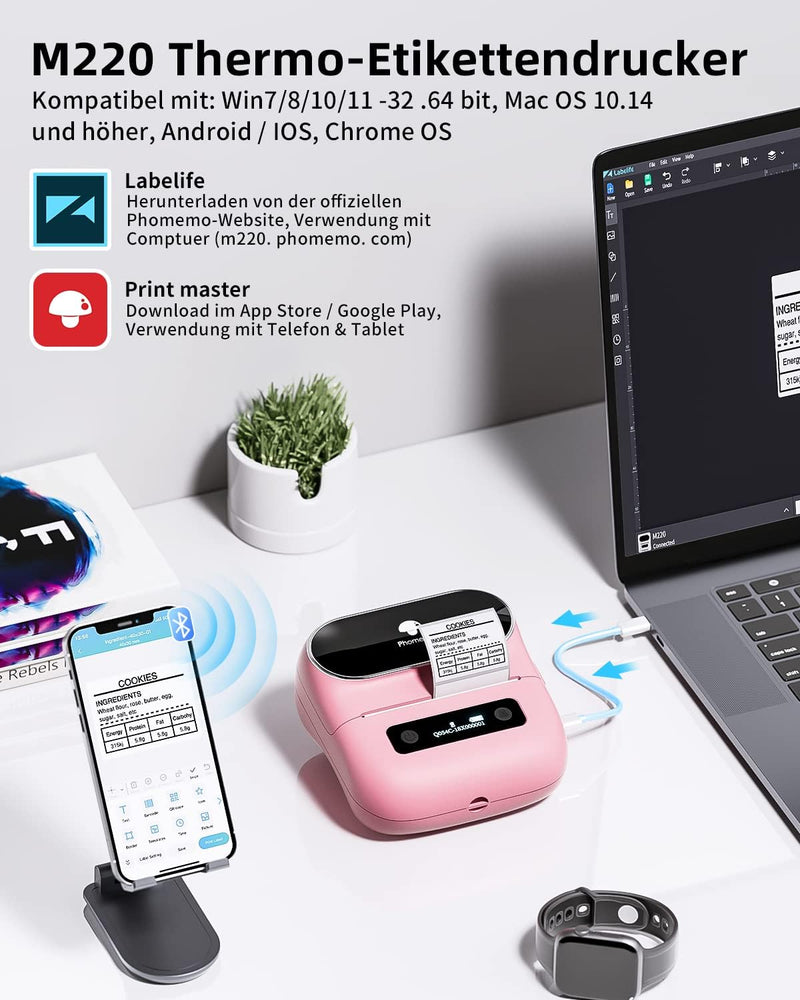 Phomemo M220 Etikettendrucker,Upgrade Barcode-Drucker,Bluetooth Tragbarer Thermo Beschriftungsgerät