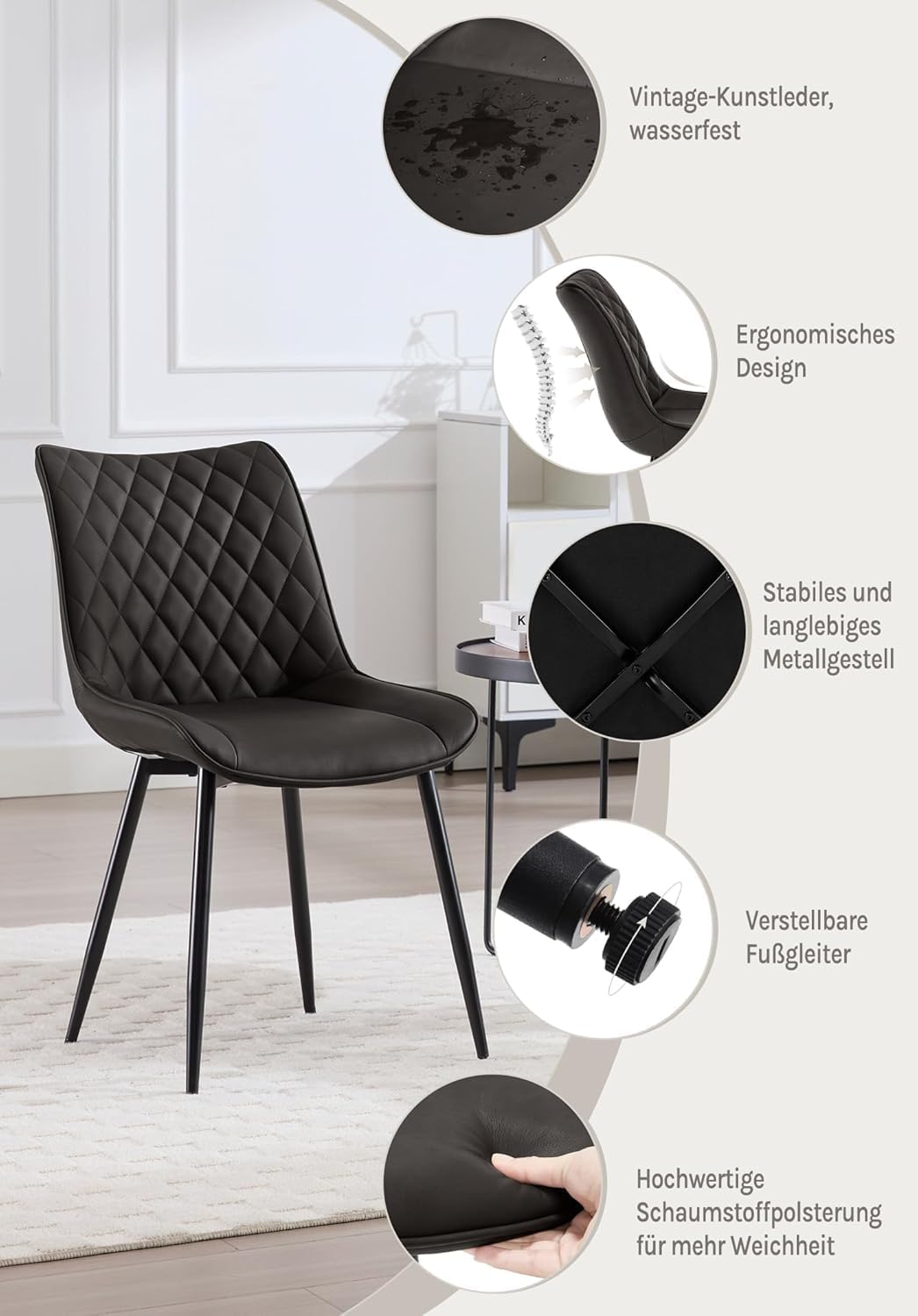 WOLTU Esszimmerstühle 2er Set, Küchenstühle gepolstert Anthrazit 2er Set, Anthrazit 2er Set