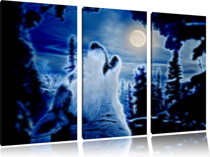 Pixxprint Heulender Wolf im Mondlicht als Leinwandbild/Grösse: 3 Teilig (120x80 cm) cm/Wandbild/Kuns