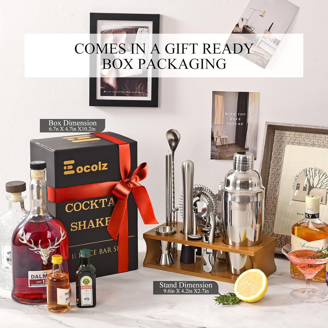 Cocktail Shaker Set mit Bambus Ständer & Rezeptbuch, Edelstahl 750ml Bar Cocktailset Cocktailshaker