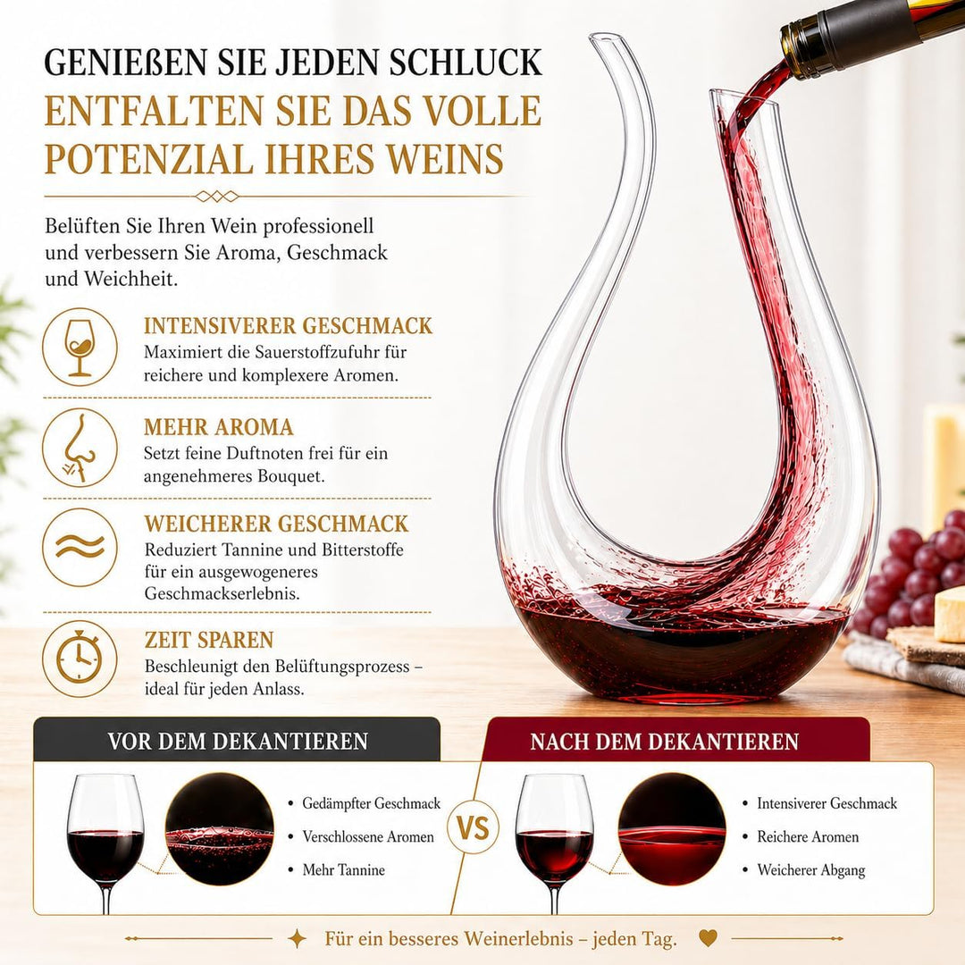 Weinkaraffe, 100 % bleifrei, U-förmig, Kristall, Weinkaraffe, rot, mundgeblasen, 1,5 l