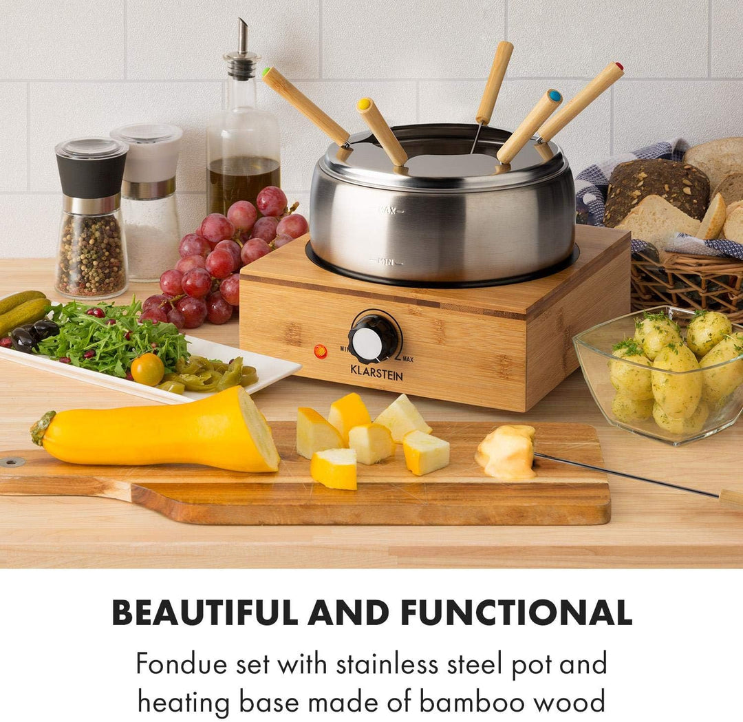 Klarstein Bambus Fondue, 800 Watt, Edelstahl-Topf, Gerätebasis aus Bambus, Füllmenge 1,3 Liter max.,