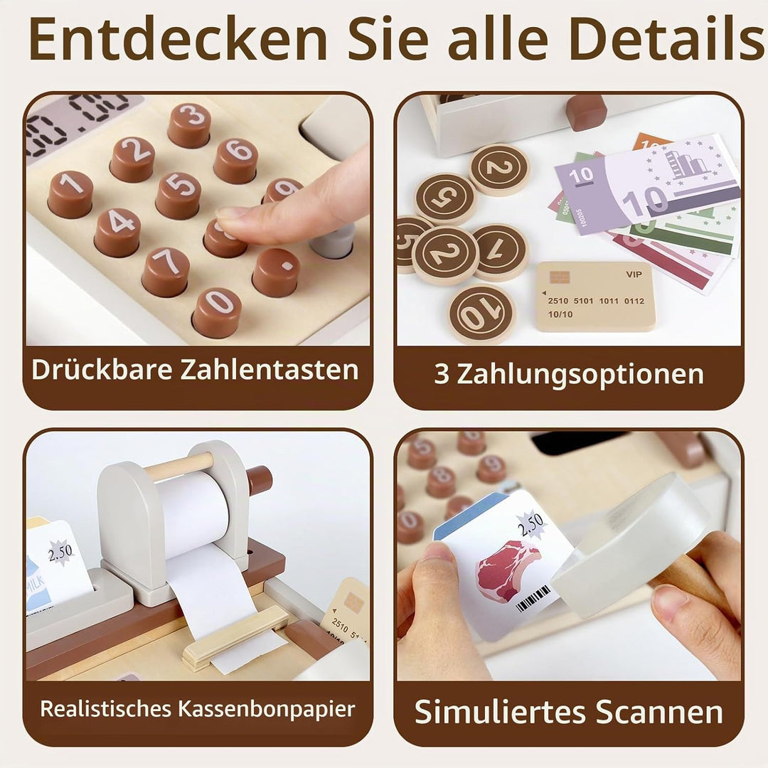 Airlab Kaufladen Zubehör Holz Kasse Spielzeug, Holzspielzeug Kasse Kinder, Kinderkasse mit Scanner S