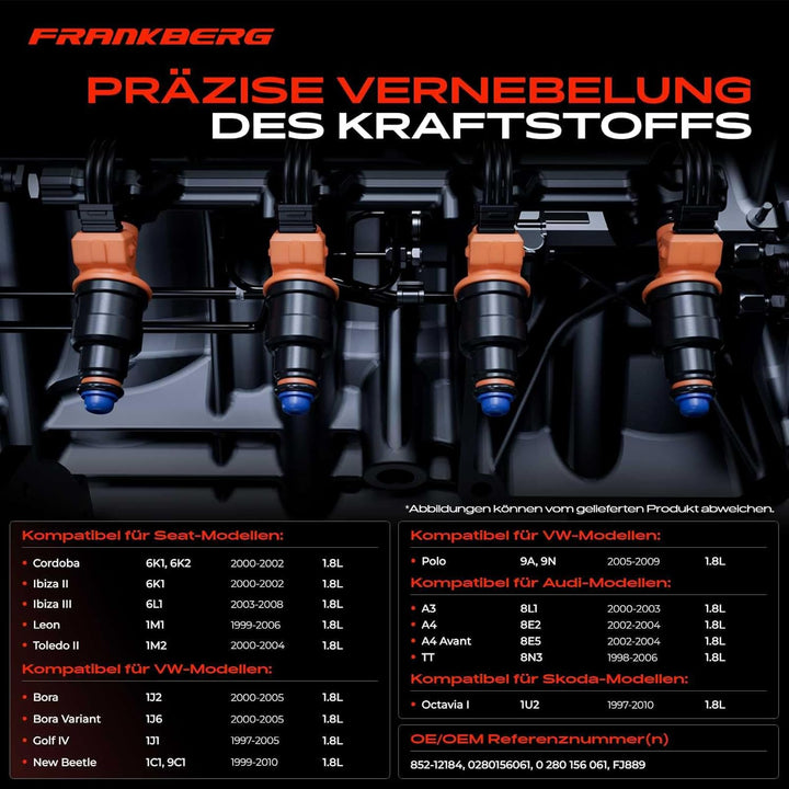 Frankberg 4x Einspritzventil Injektors für A3 8L1 A4 8E2 TT 8N3 Ibiza II 6K1 Toledo II 1M2 B-o-r-a 1