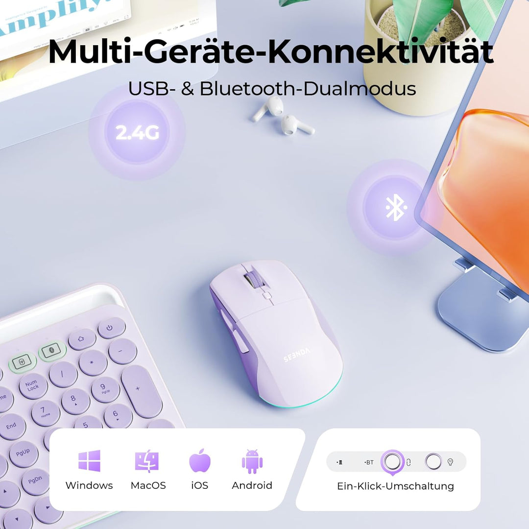 seenda MOU110 Bluetooth Maus mit RGB-Beleuchtung, Leise, 2 Geräte, Lila | Bluetooth &amp; 2.4G Dual Mode