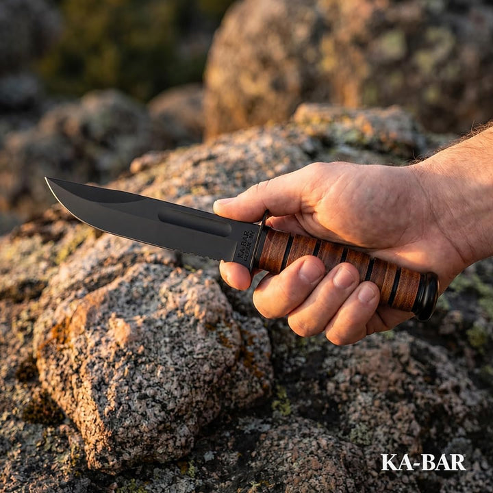 Ka-Bar US Army 7" Fixed Blade Knife, Serrated Leather Handle w/Brown Sheath #1219