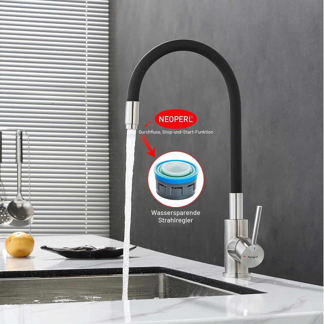 Ibergrif, Einhebel Küchenarmatur, Wasserhahn für Küche mit Schwarz Flexibler Auslauf, Supersteel, Sc