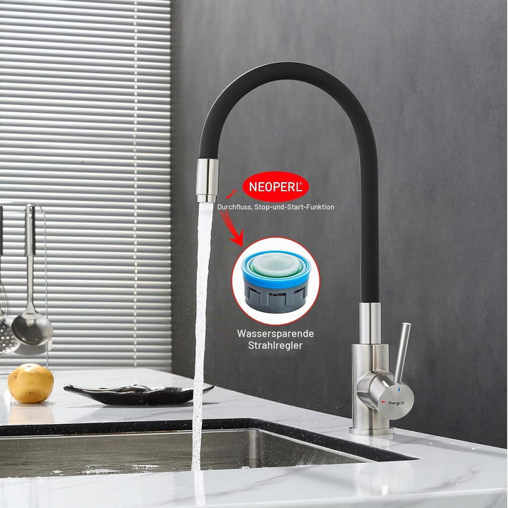 Ibergrif, Einhebel Küchenarmatur, Wasserhahn für Küche mit Schwarz Flexibler Auslauf, Supersteel, Sc