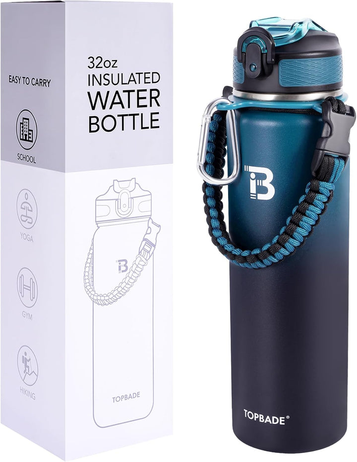 Edelstahl Trinkflasche 1000ml (+2 Deckel), Isolierte Wasserflasche mit Strohhalm, Auslaufsichere Iso