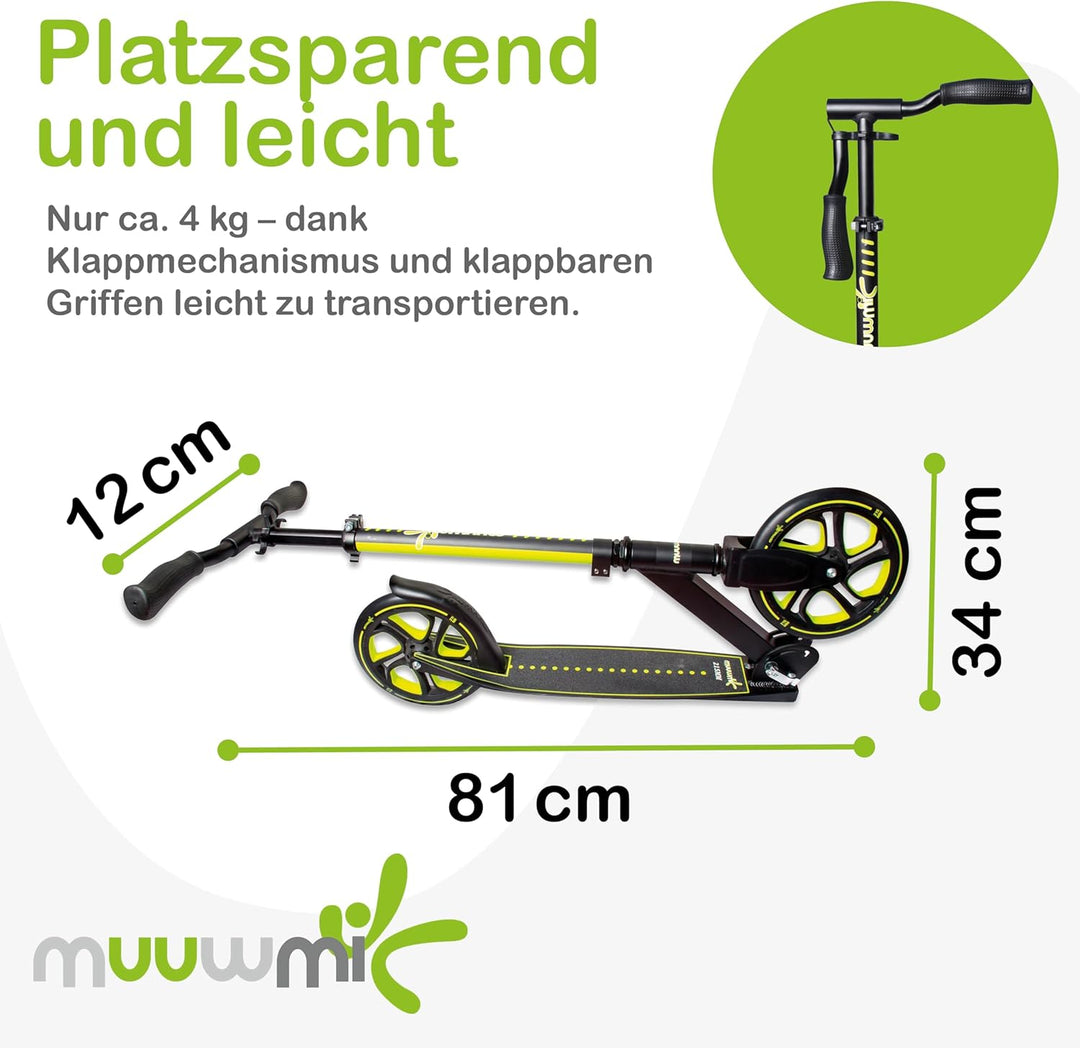 muuwmi Aluminium Scooter Pro – Tretroller, 215 mm, ABEC 7, für Kinder und Erwachsene, GS-geprüft, hö