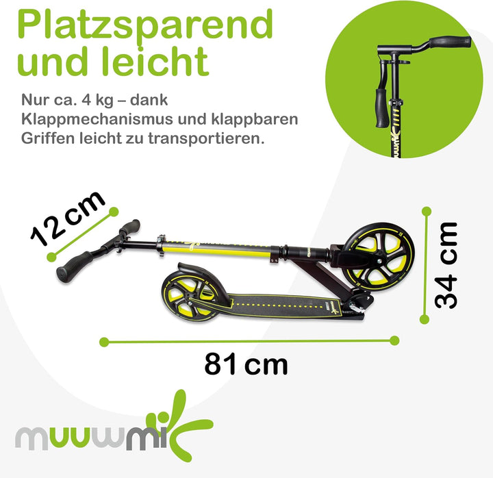 muuwmi Aluminium Scooter Pro – Tretroller, 215 mm, ABEC 7, für Kinder und Erwachsene, GS-geprüft, hö