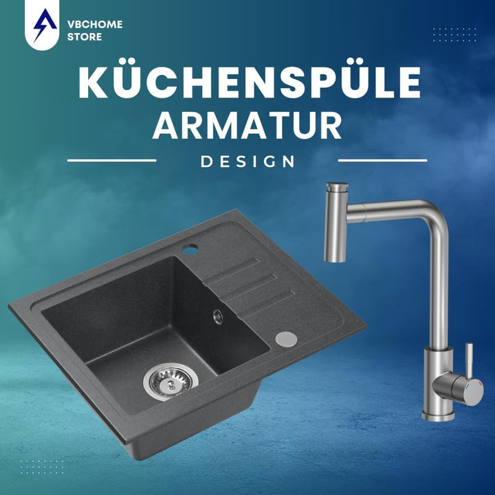 VBChome Spülbecken Granit Schwarz mit Armatur 55 x 44 cm Einzelbecken Einbauspüle Gesprenkelt Revers