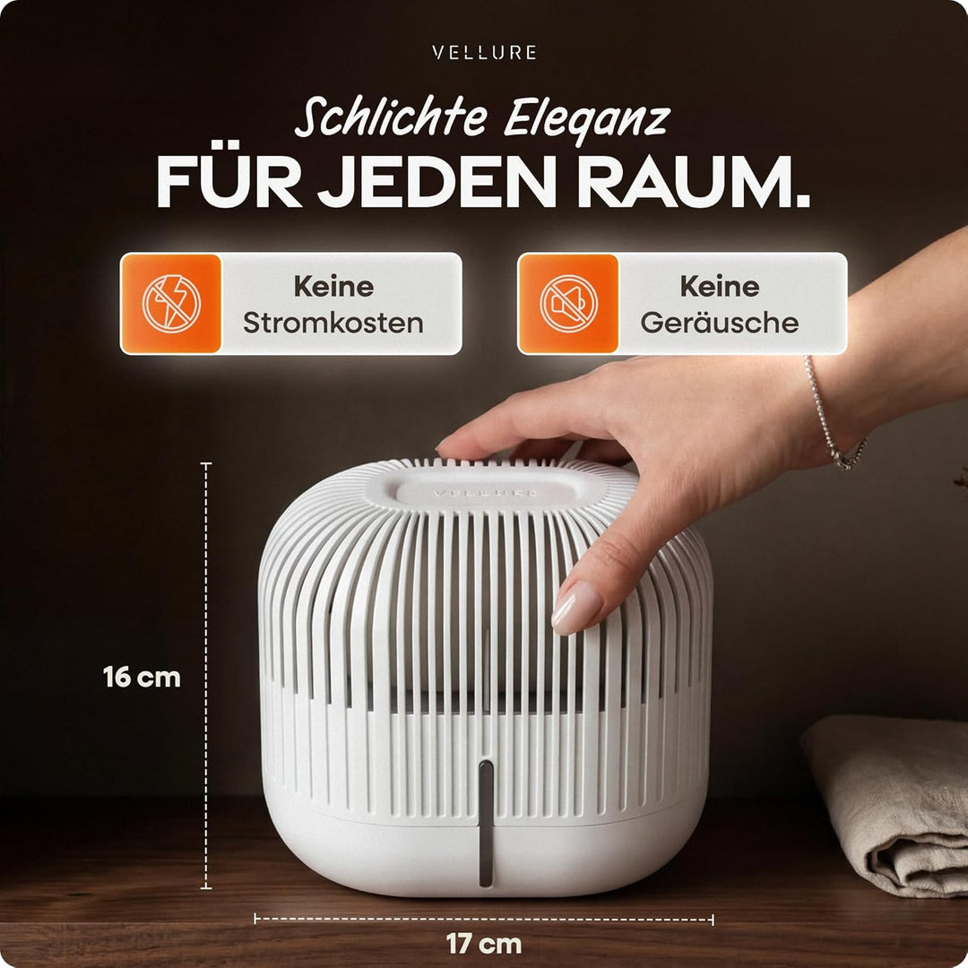 Vellure® Design Luftentfeuchter ohne Strom + 2x 600g Nachfüllpacks - Raumentfeuchter für Bad, Keller