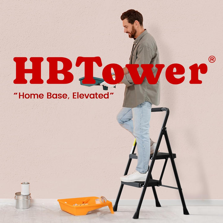 HBTower 2-Schritt-Leiter, Faltbarer Schritt-Hocker mit breitem Anti-Rutsch-Pedal, stabile Stahlleite