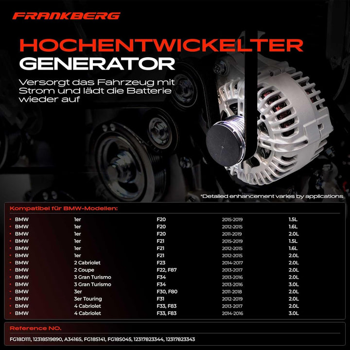 Frankberg Lichtmaschine Generator 180A Kompatibel mit 1er F20 114d 116d 118d 120d 125d 2010-2019 3er