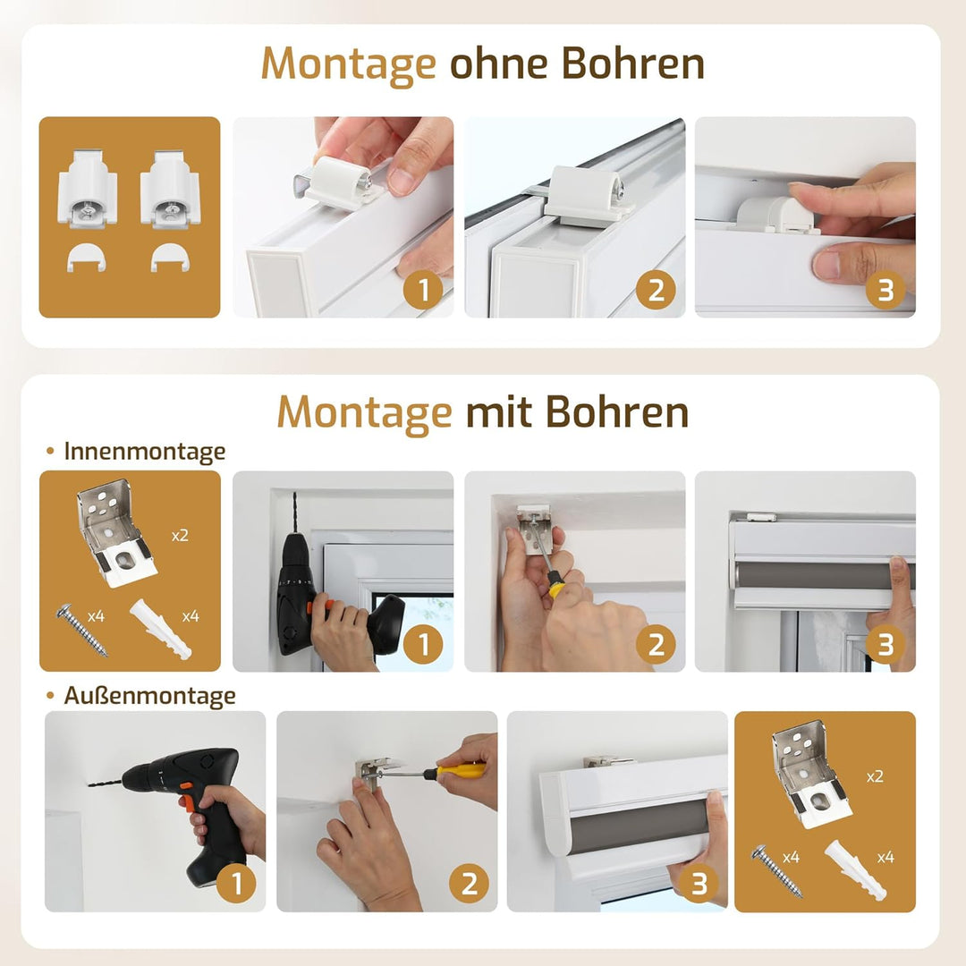 Grandekor Rollo Elektrisch 90x110cm Dunkelgrau, Elektrisches Verdunklungsrollo Klemmfix ohne/mit Boh