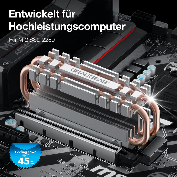 GRAUGEAR| M.2 NVMe SSD (2280) Heatpipe-Kühlkörper | lautloser Kühler | reduziert die Temperatur um b
