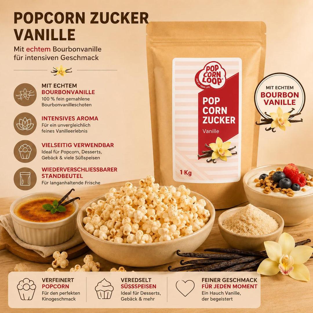 Popcornzucker Vanille 1000 g mit Bourbon-Vanille Zucker Vanillin Popcorn Mais Gewürz zum Verfeinern