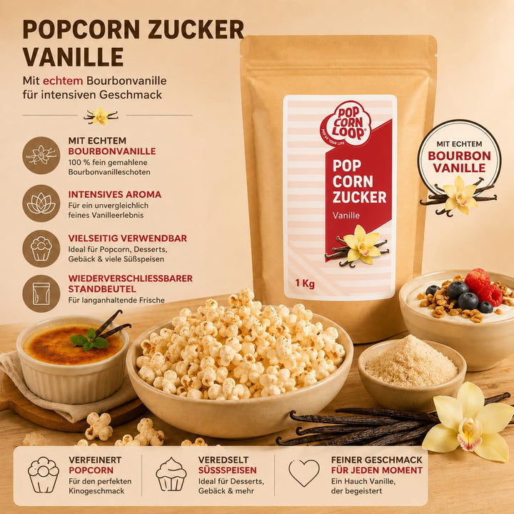Popcornzucker Vanille 1000 g mit Bourbon-Vanille Zucker Vanillin Popcorn Mais Gewürz zum Verfeinern
