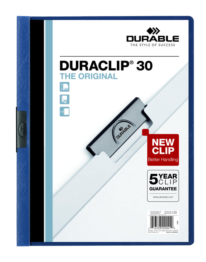 Durable Berichtsmappe mit DURACLIP, Briefformat, bis zu 30 Seiten, Klarsicht-Einband/Dunkelblau, 25