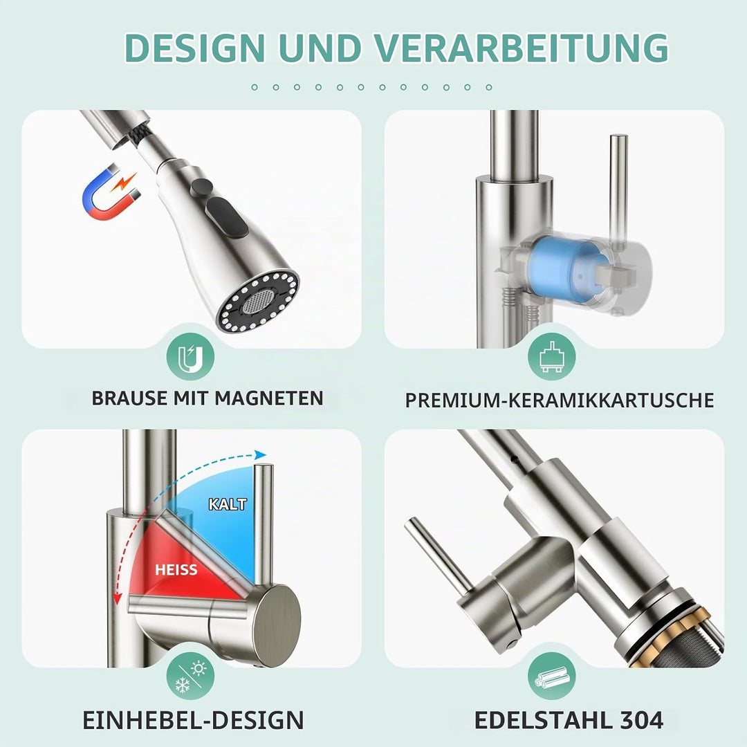 CREA Hochdruck Wasserhahnküche, Küchenarmatur mit 3 Funktionen Brause, Mischbatterie, Ausziehbar, 36