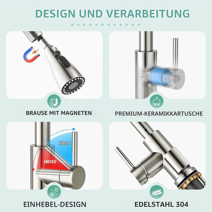CREA Hochdruck Wasserhahnküche, Küchenarmatur mit 3 Funktionen Brause, Mischbatterie, Ausziehbar, 36